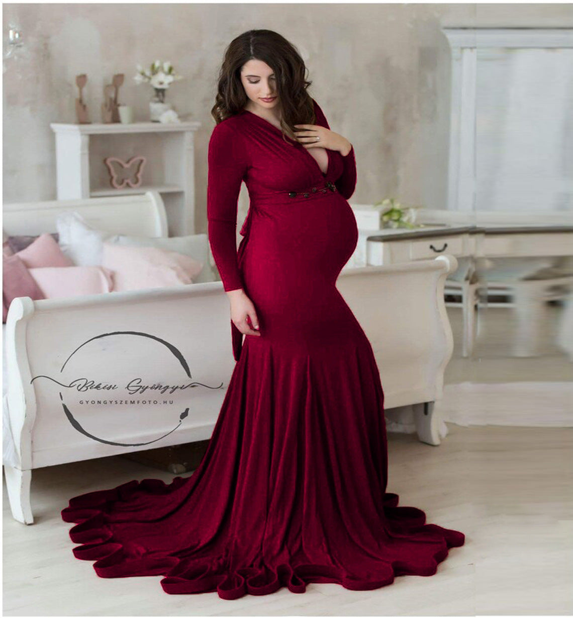 Mercerized Cotton Maternity V-neck Mop Long Sleeve Long Dress