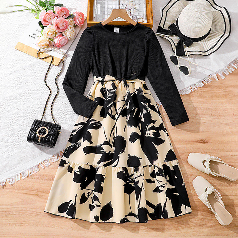 Long Sleeve Knitted Patchwork Retro Printed Princess Dress