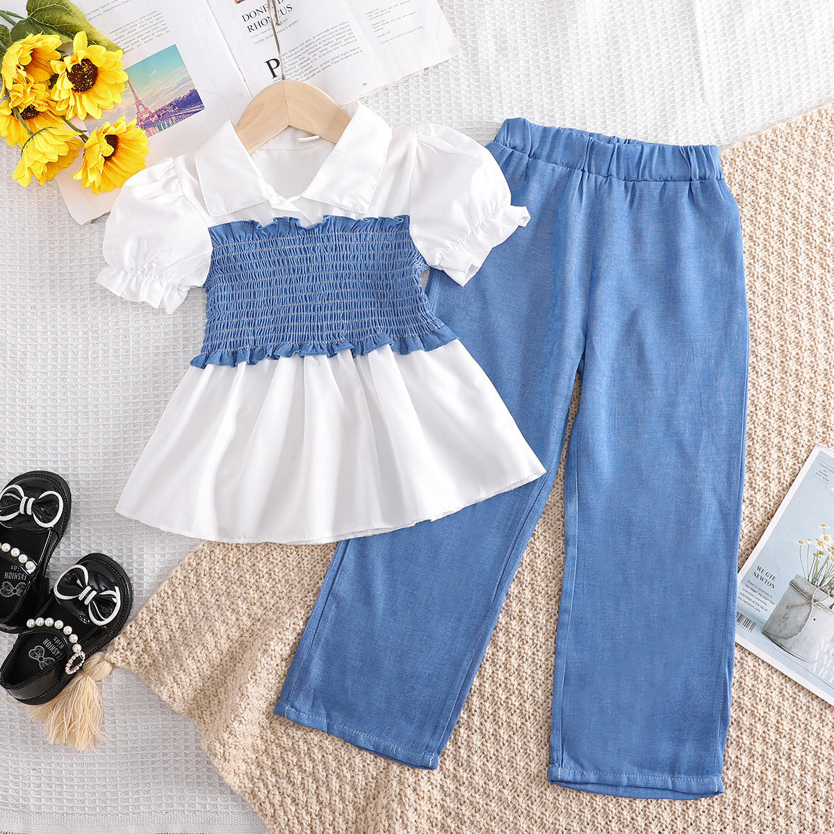 European And American Fashion Girls Smocking Top Wide Leg Pants Two-piece Suit