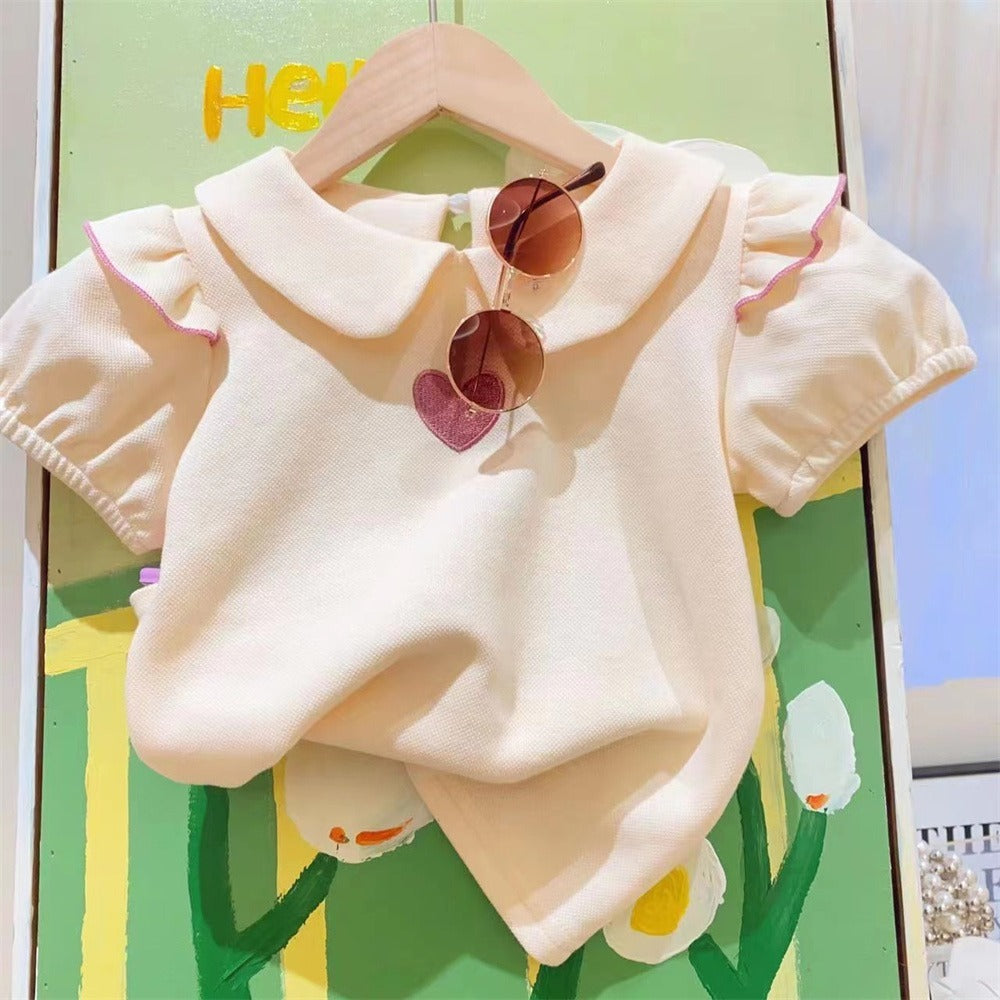 Summer Girls' Suit Cute Love Short Sleeve Plus Shorts Two-piece Set