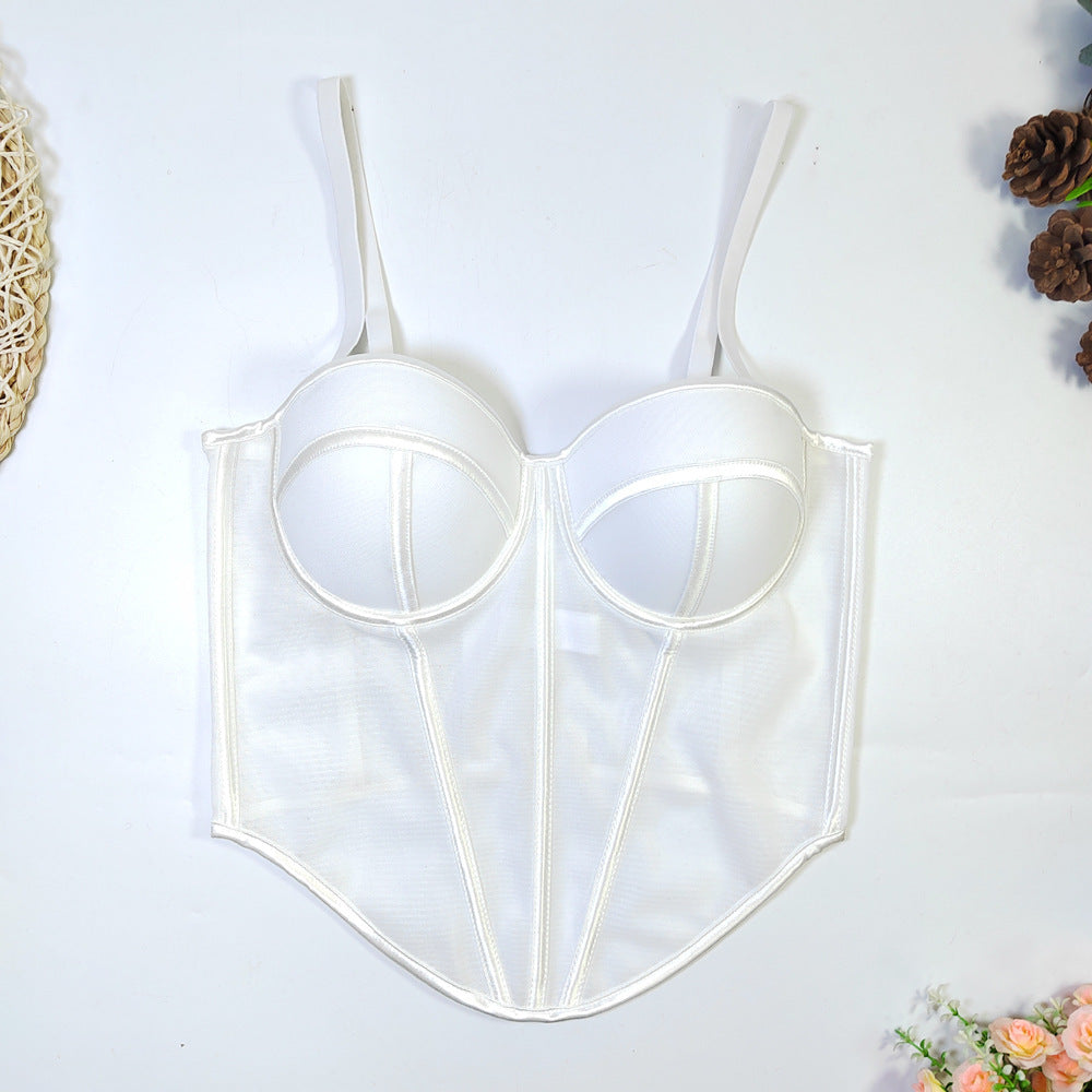 Cross Border Foreign Trade Fishbone Mesh Tube Top Backless Design Lines Contrast Color Corset Sexy Top