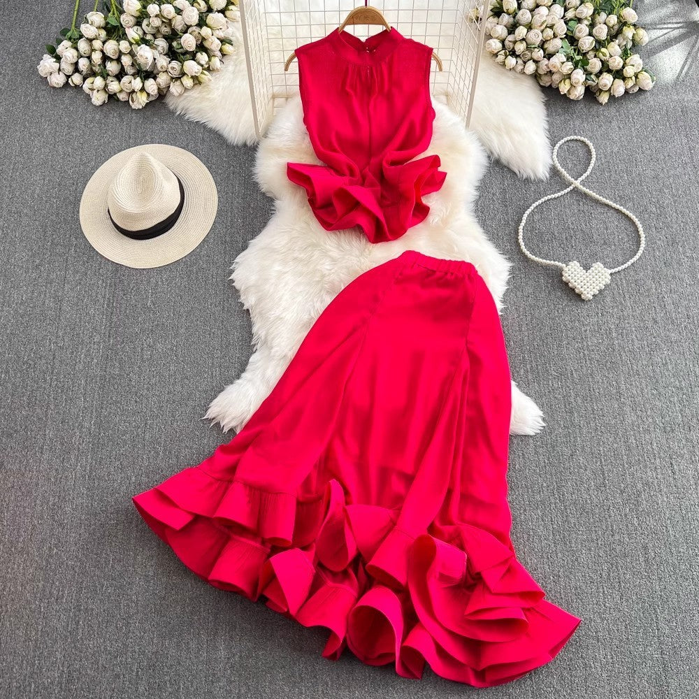 Stand Collar Ruffled Sleeveless Top High Waist Fishtail Skirt Suit