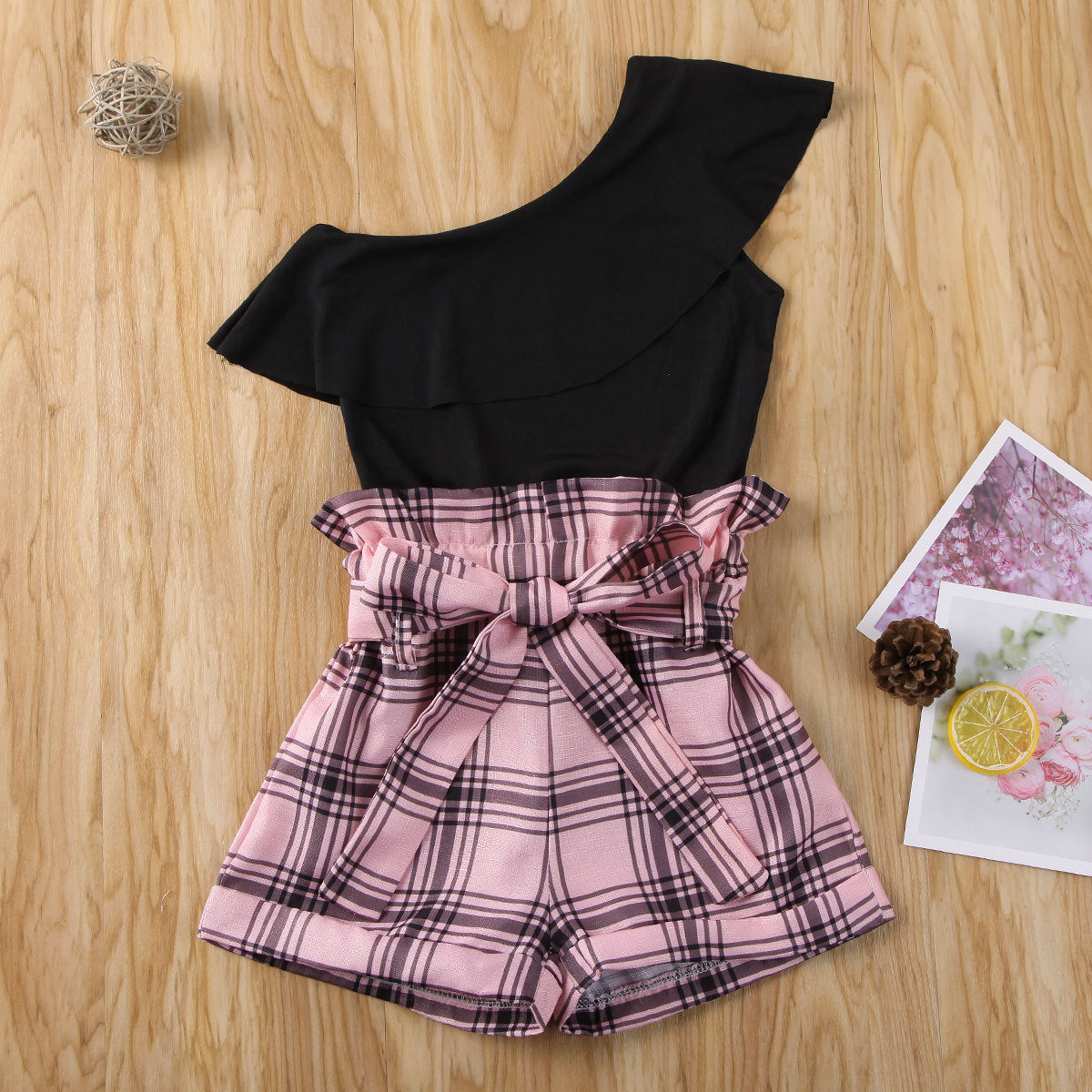 Girls' One Shoulder Ruffled T-shirt Shorts Set