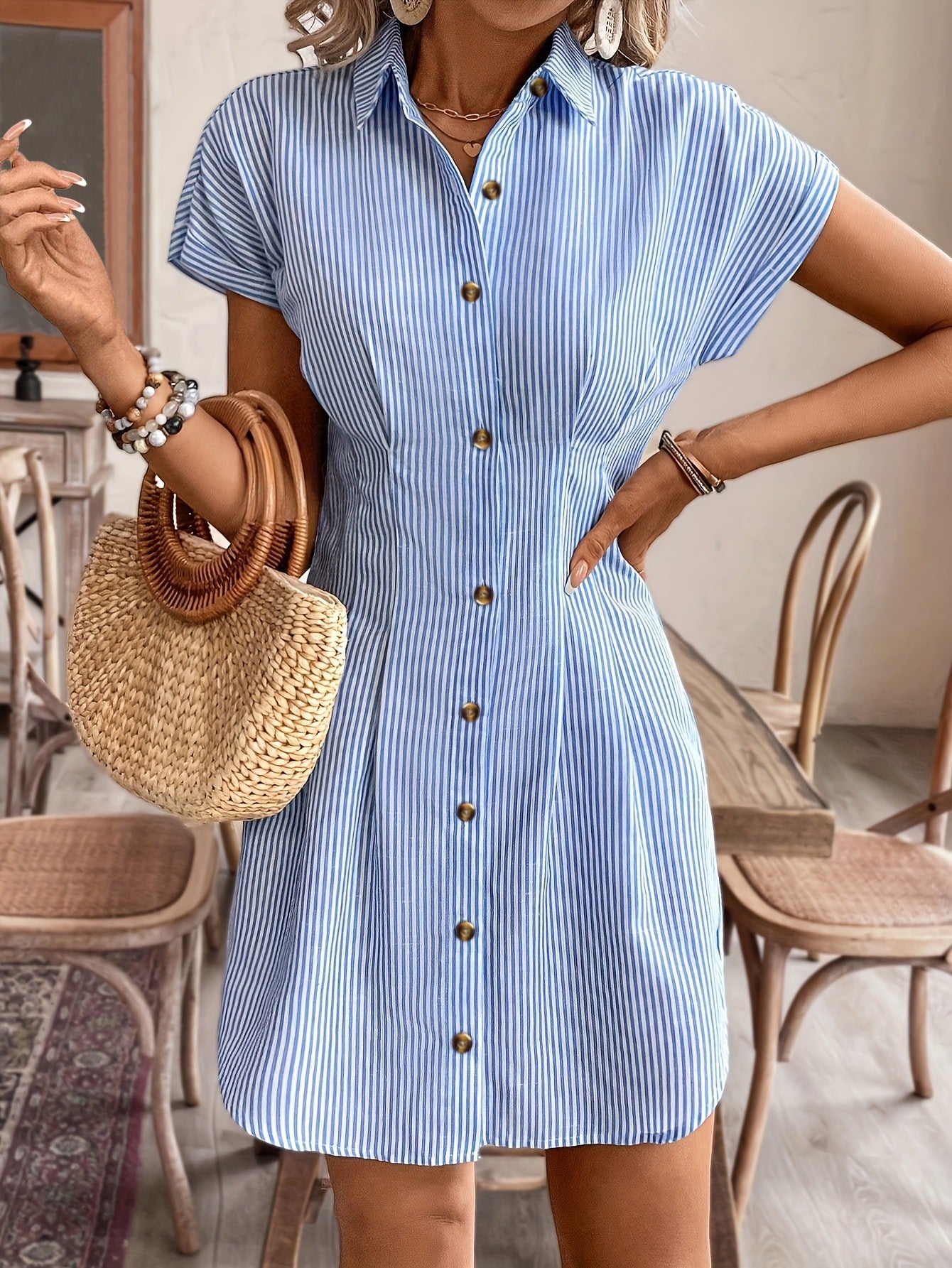 Blue Stripes Cardigan Short Sleeve Dress