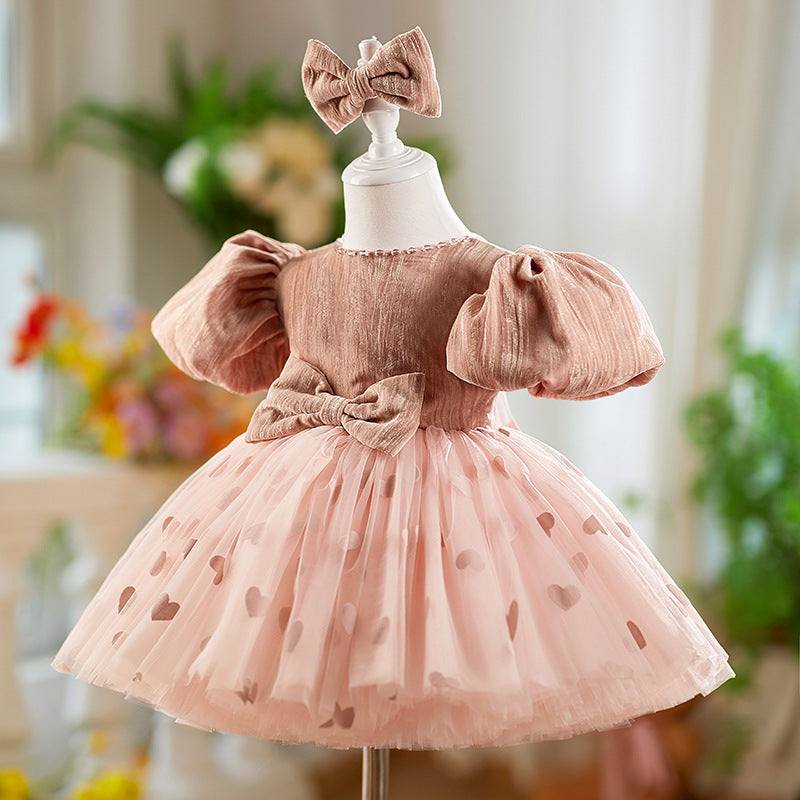 Girls' Dress Birthday Bow Puff Sleeve Puffy Gauze Princess Dres Children Dinner Suit