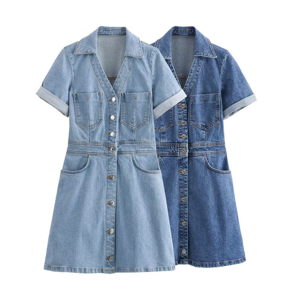 New Fashion Casual Breasted Mini Waist Denim Dress