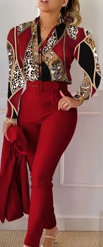 Printed Long-sleeved Top Solid Color Pants Suit With Belt