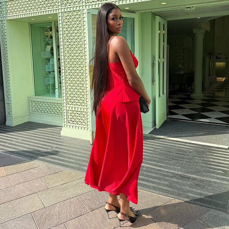 Lace-up Sling Top High Waist Skirt Suit