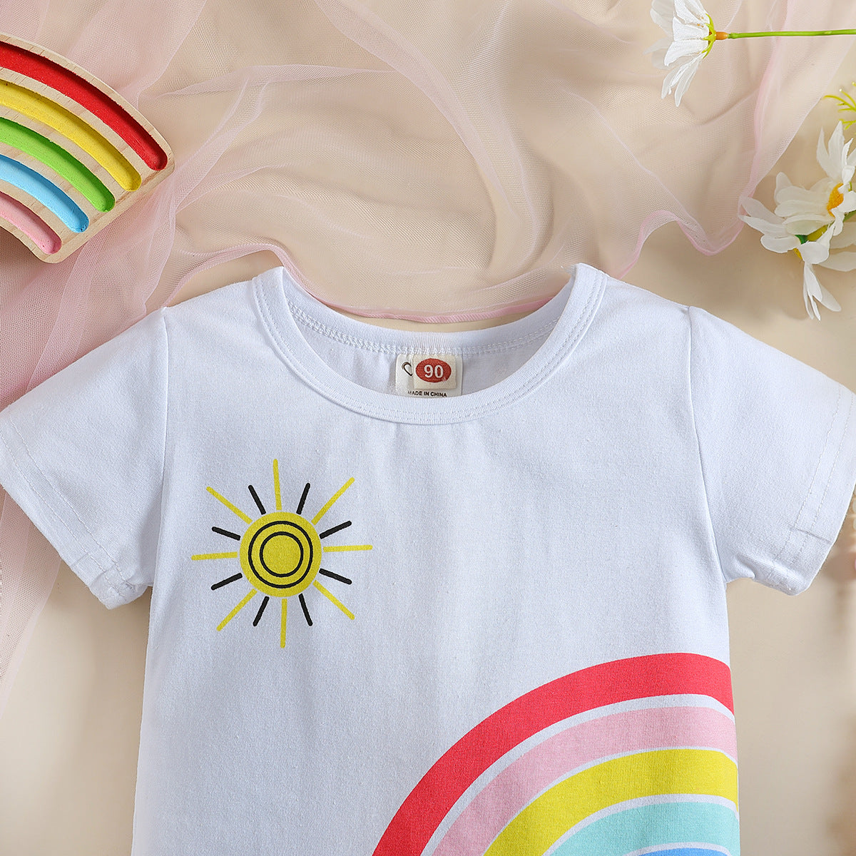 Fashion Rainbow Printed Short-sleeved Top Denim Shorts Girls Suit