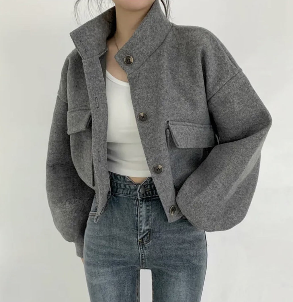 Cool Korean Style Autumn And Winter New Style Stand Collar Niche Short Lazy Style Loose Casual Woolen Coat For Women