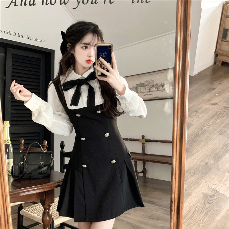 Long Sleeve Fake Two-piece Sweet Bow Black Slimming Lapel Dress