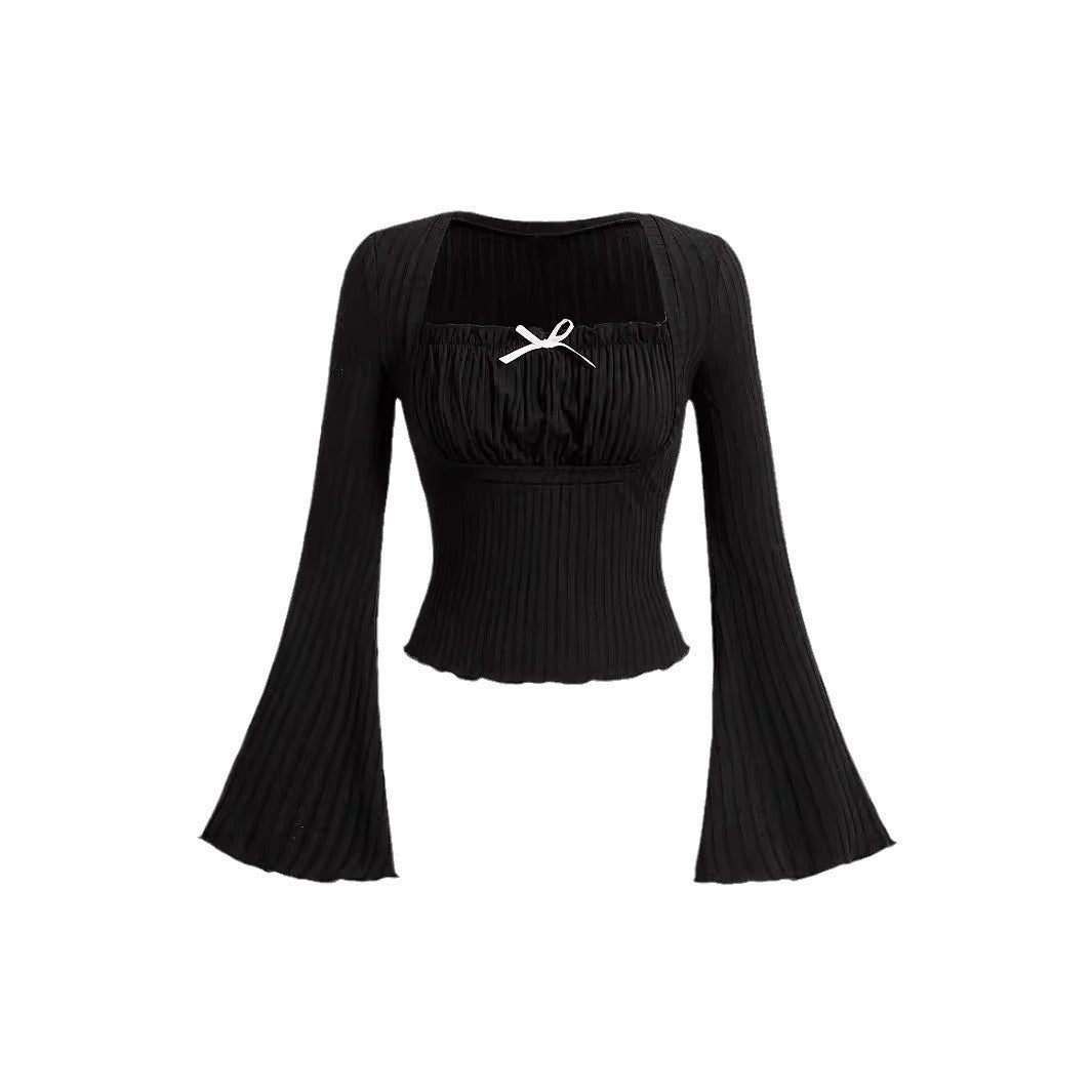 Solid Color Minimalist Bowknot Flare Sleeve T-shirt Slim Fit