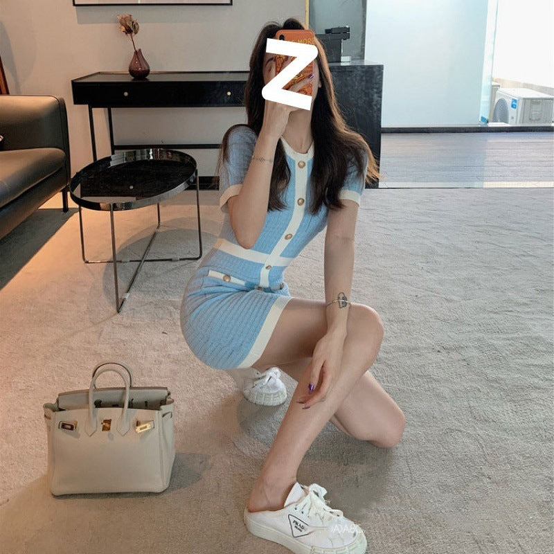 Color Matching Short-sleeved Knitted Dress Women's Waist Slimming Skirt