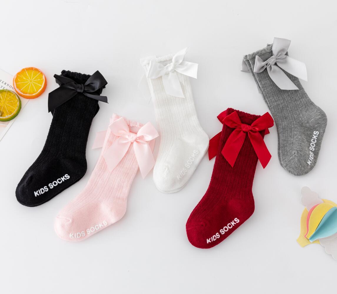 New Boys And Girls Solid Color Striped Stockings Pure Cotton Non-slip Bubble Mouth Baby Bow Tube Socks
