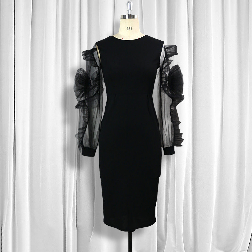 Mesh Flower Long Sleeve Slim Wrapped Pencil Skirt
