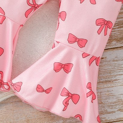 Two-piece Girls' Long Sleeve Flounced Sleeve Sweater Printed Bow Flared Pants Suit