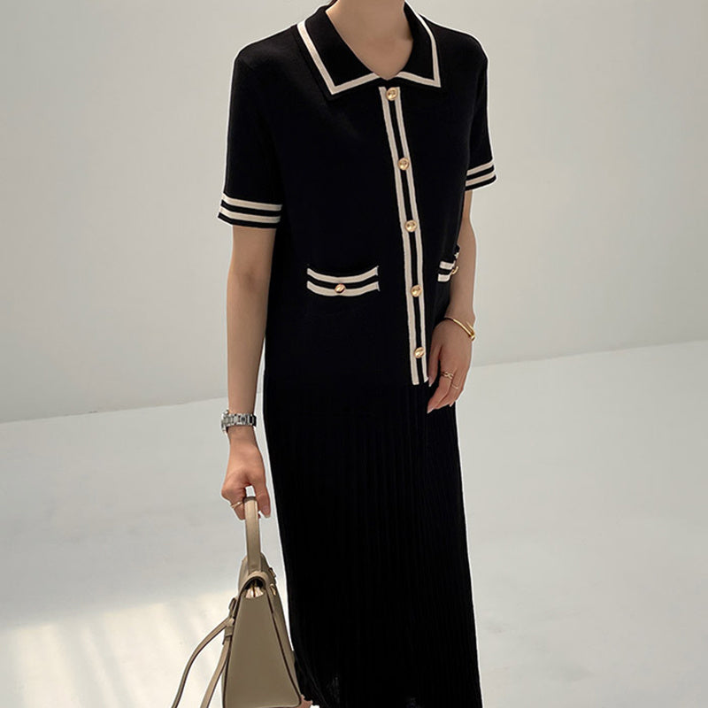 Knitted Dress In Heavy-duty Metal With Lapel Contrast Trim