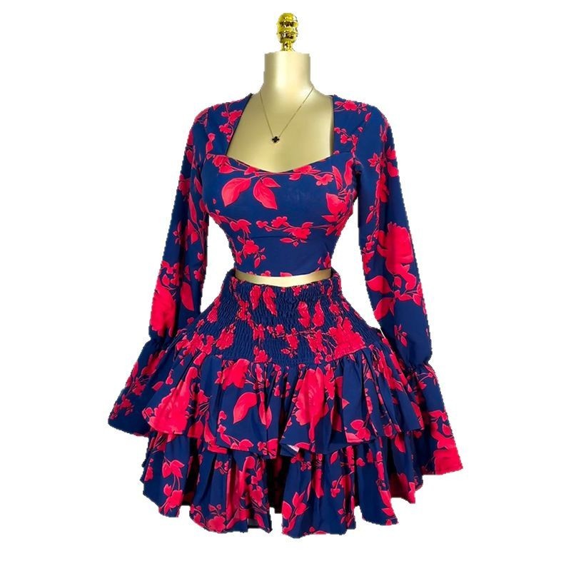 Women's Fresh Printed Long-sleeved Shirt High Waist Skirt Two-piece Set