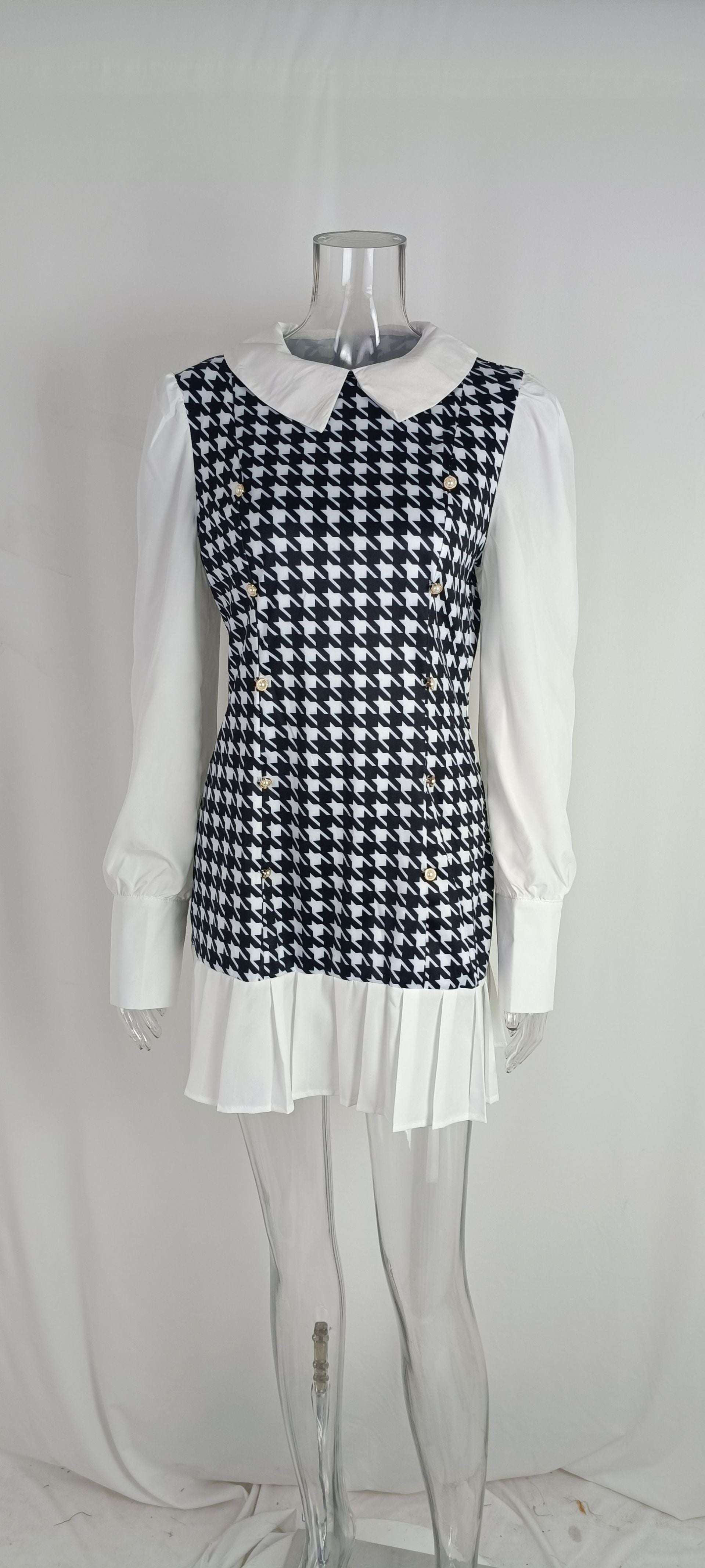 Elegant Shirt Collar Houndstooth Pleated Dress