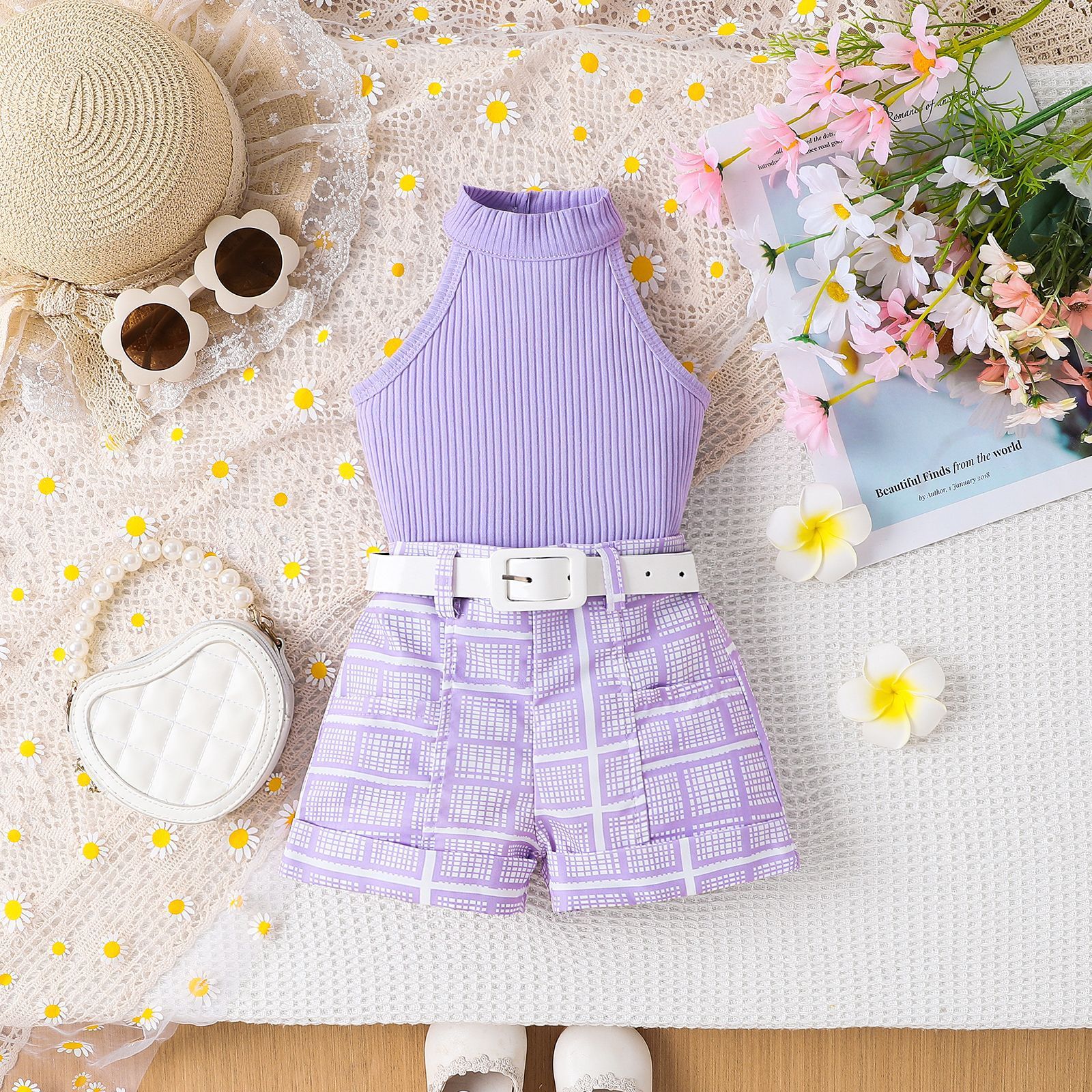 Children's Pure Color Halter Top Printed Shorts Belt