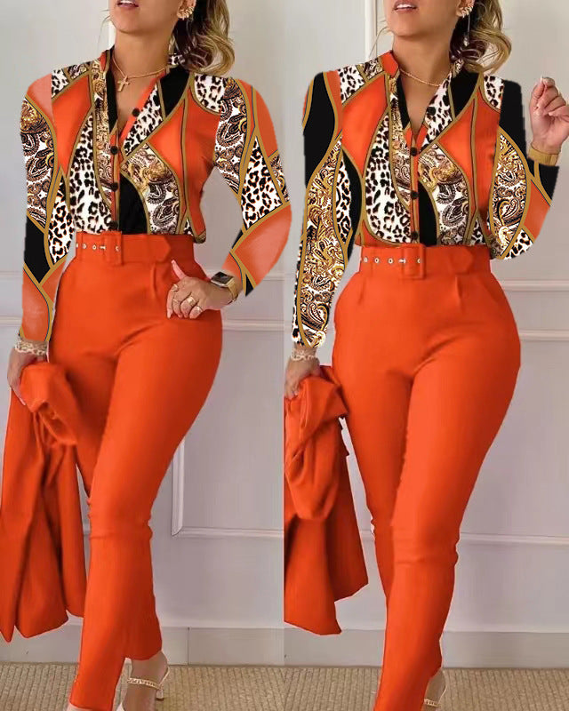 Printed Long-sleeved Top Solid Color Pants Suit With Belt
