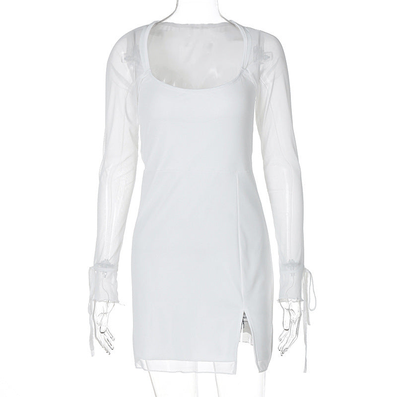 Mesh Slim-fit Slit Hip-wrapped Dress