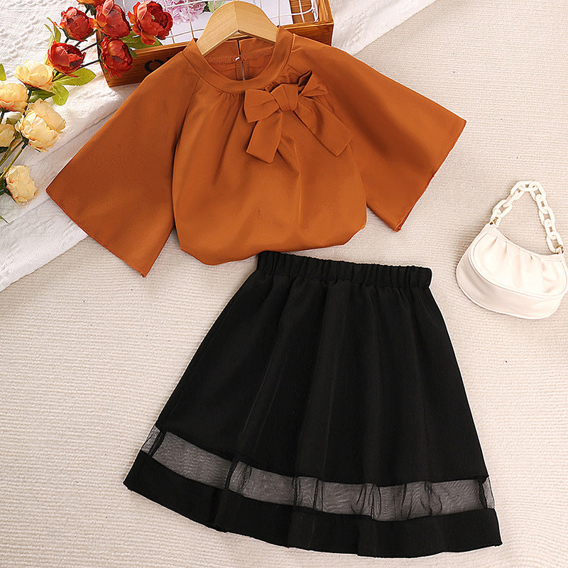 Korean Style Baby Bow Short Sleeve T-shirt Mesh Splicing Skirt Two-piece Set