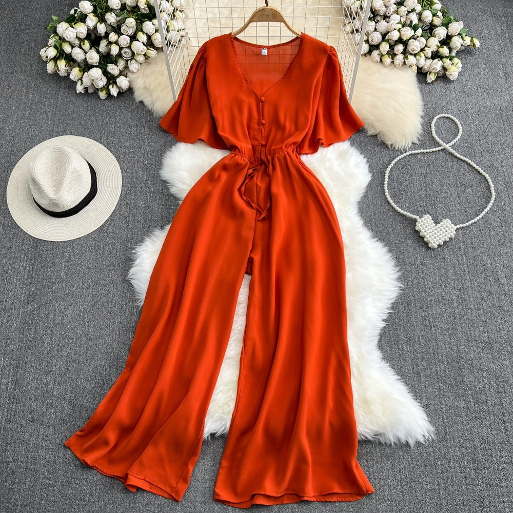 Fashion Flared Sleeves Collar Casual High Waist Slimming Jumpsuit