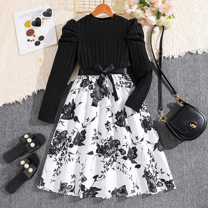 Long Sleeve Knitted Patchwork Retro Printed Princess Dress