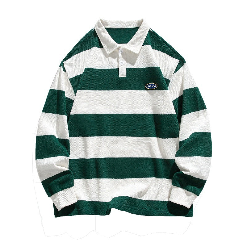 Striped Matching Hong Kong Style Pairs Of Pearl Cotton Sweater Lapel Polo Shirt