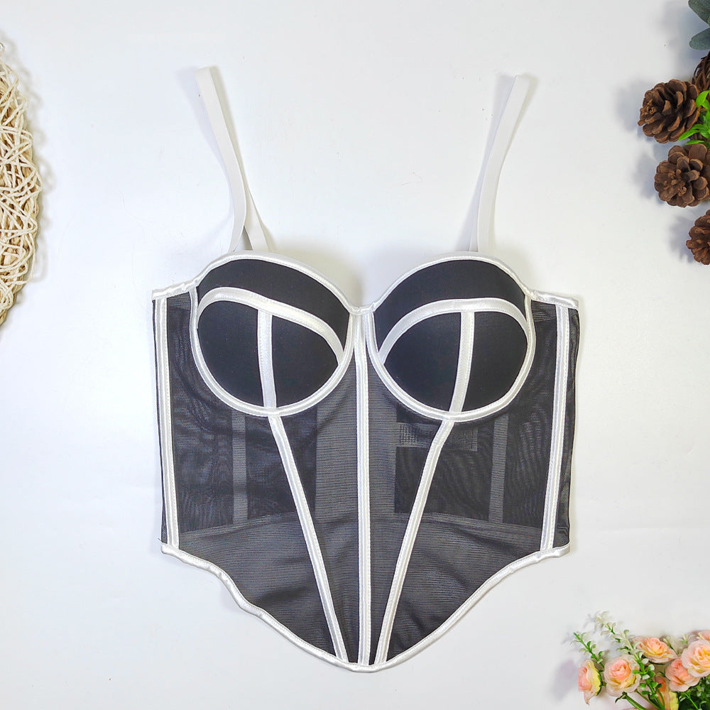 Cross Border Foreign Trade Fishbone Mesh Tube Top Backless Design Lines Contrast Color Corset Sexy Top