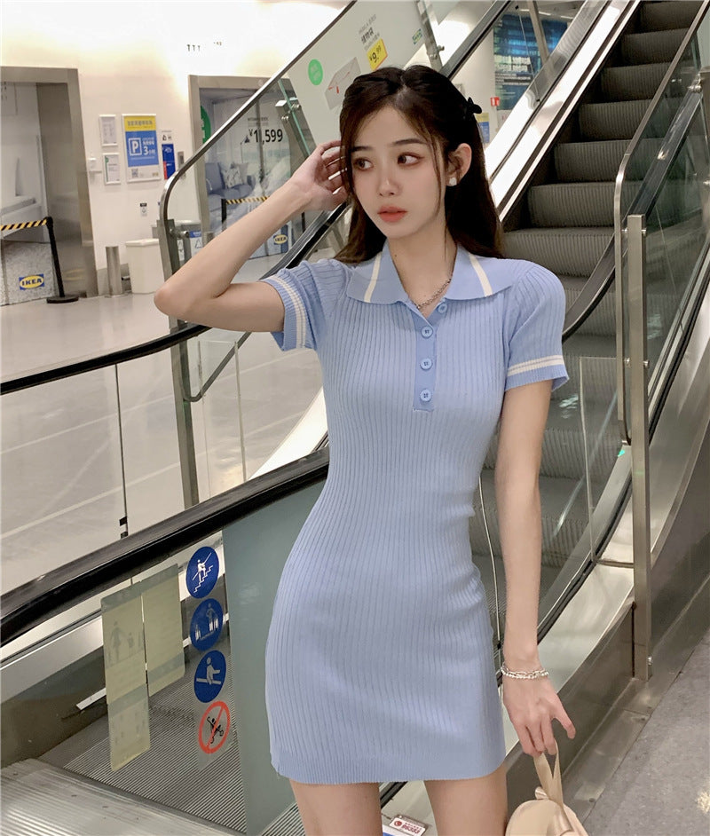Preppy Lapel POLO Button-Up Slim Contrast Short Sleeve Dress