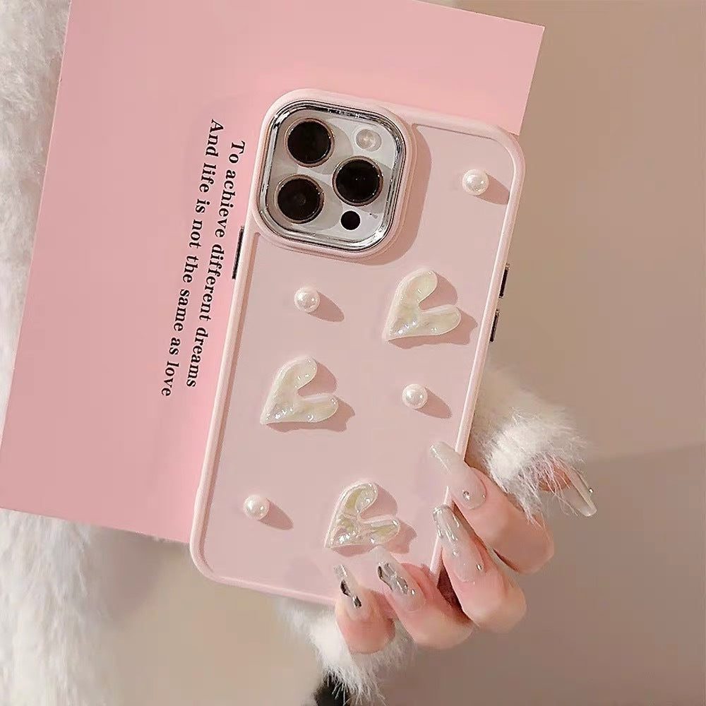 Milky White Cute Small Pearl Pleated Heart Mobile Phone Shell