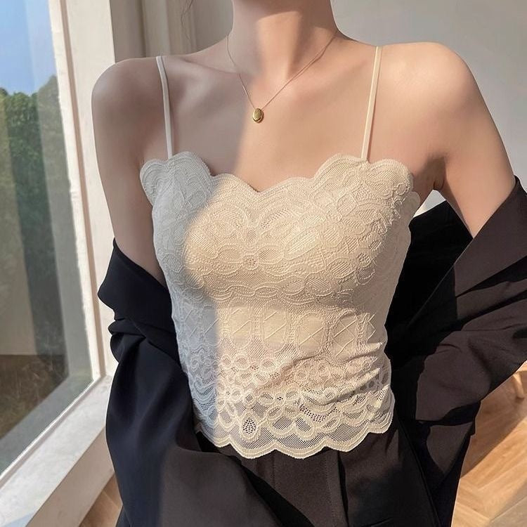 With Chest Pad Sexy Lace Beautiful Back Sling Spaghetti Strap Wavy Lace Lace Vest