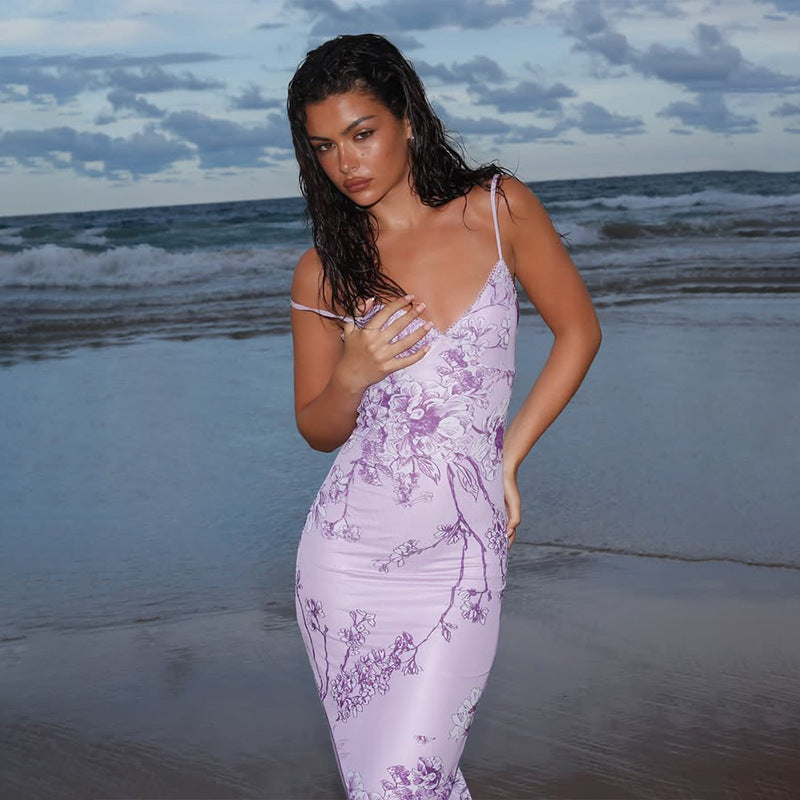 Elegant V-neck Slim-fit Printed Purple Dress Women
