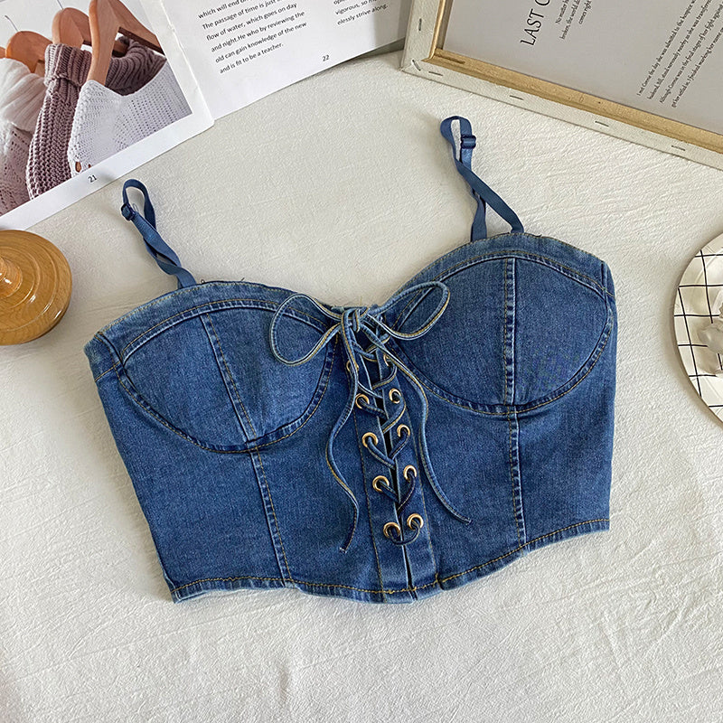 Bow Tie Drawstring Cropped Denim Camisole