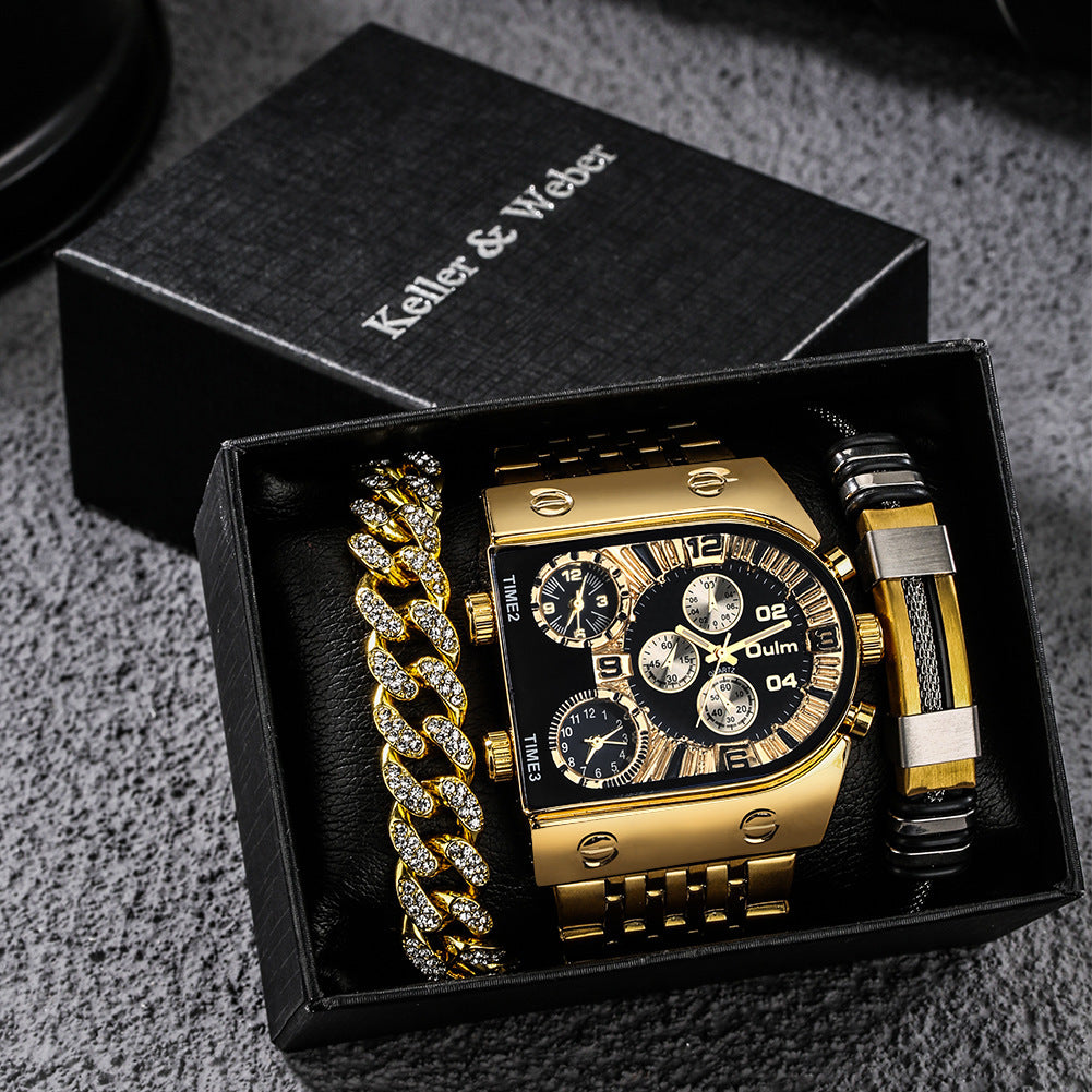 Set Multi-time Zone Large Dial Luminous Men's Watch Steel Belt Leisure