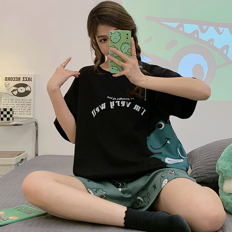 Women's Summer Cute Cartoon Short Sleeve Pajamas Suit