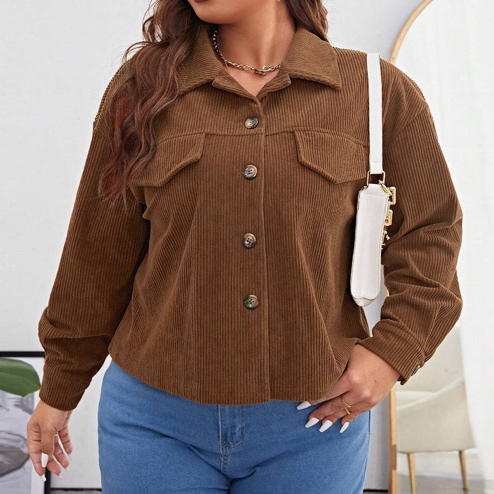 Plus Size Women's Loose Casual Short Corduroy Lapel Jacket