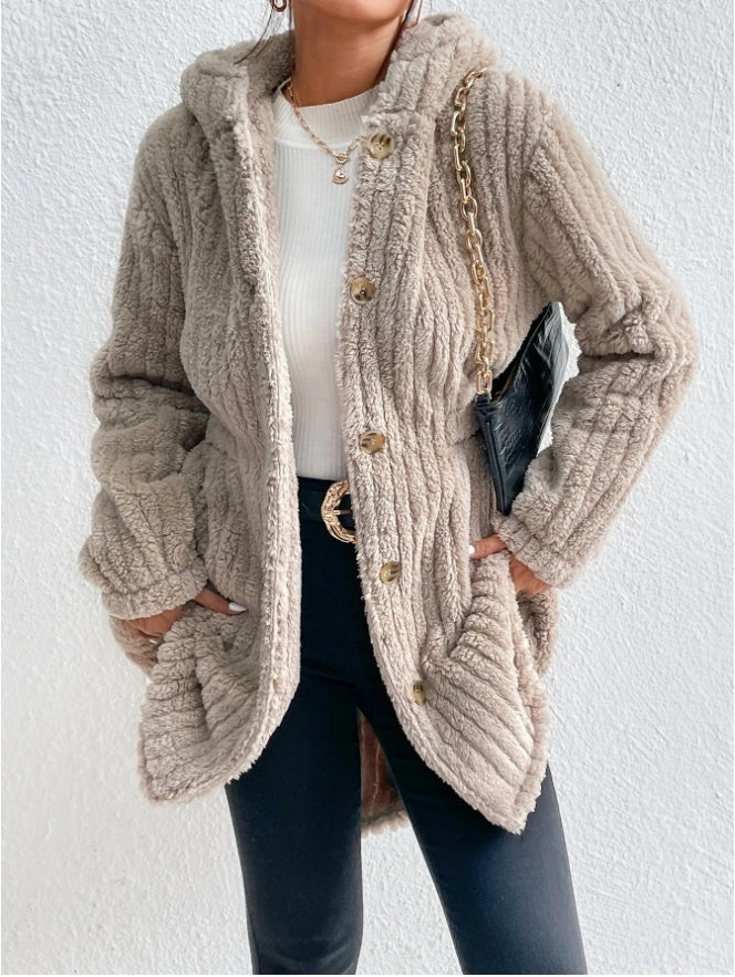 Button Front Hooded Teddy Coat