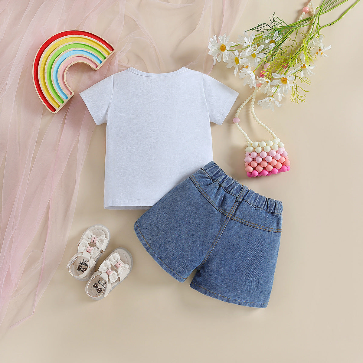 Fashion Rainbow Printed Short-sleeved Top Denim Shorts Girls Suit