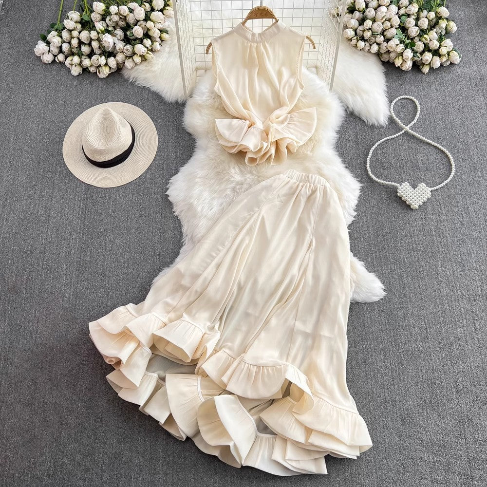 Stand Collar Ruffled Sleeveless Top High Waist Fishtail Skirt Suit
