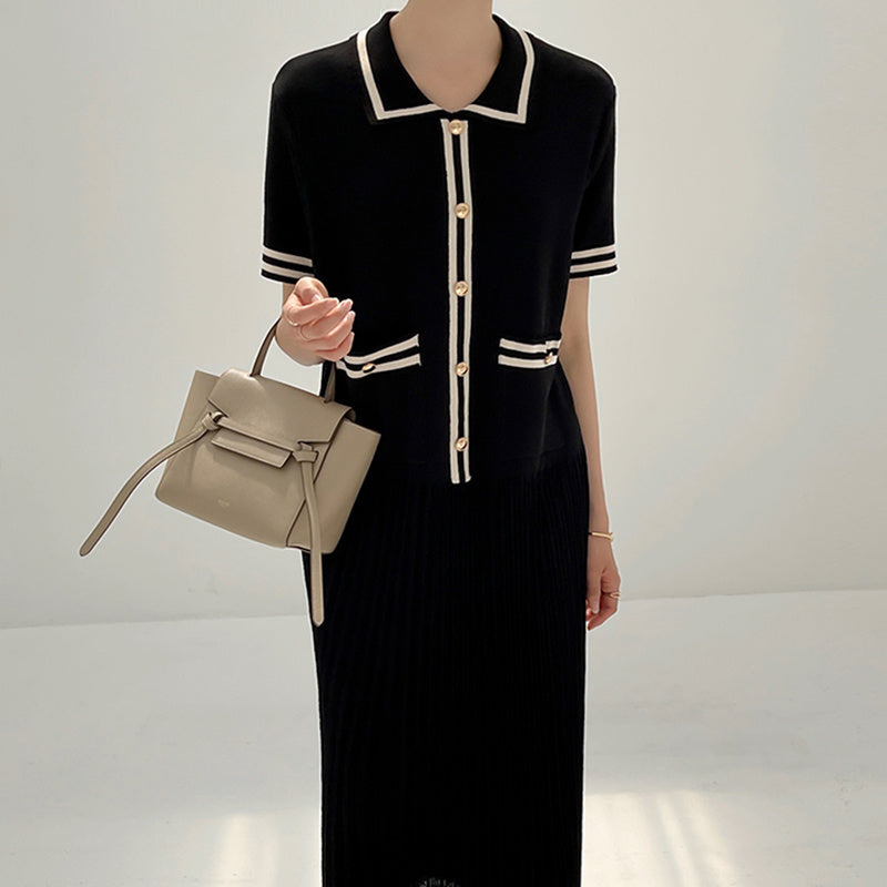 Knitted Dress In Heavy-duty Metal With Lapel Contrast Trim