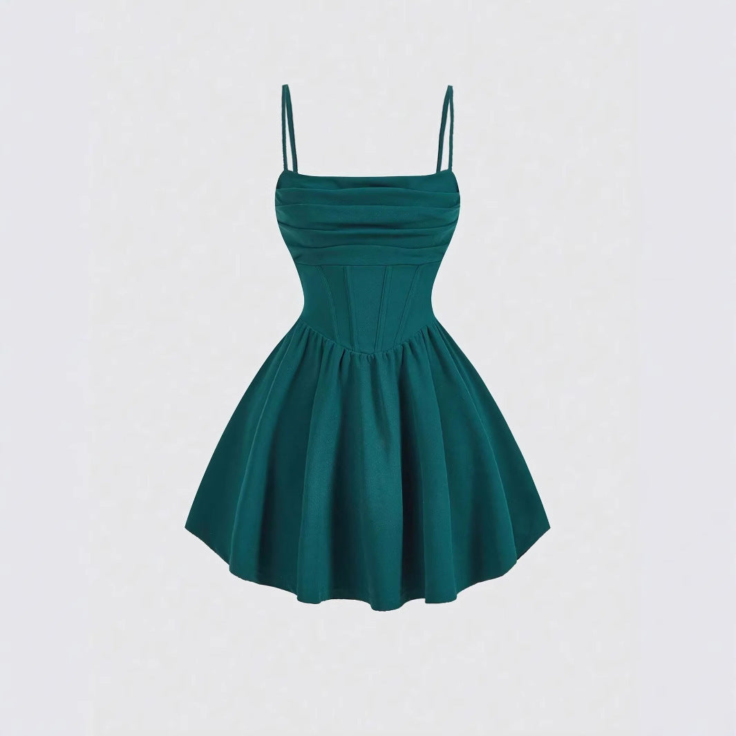 Sexy Dress Solid Color Pleated Back Zipper Sling Dress