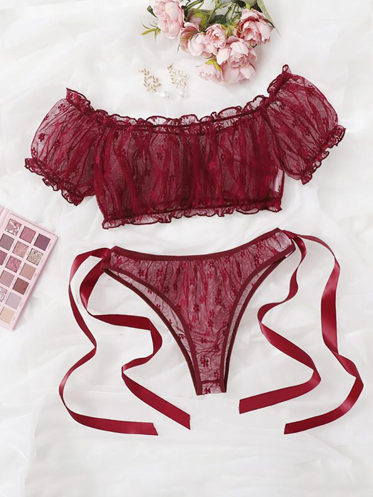 European And American Off-shoulder Tube Top Sexy Underwear Lace Pure Desire Bra Panties Two Pieces See-through Suit