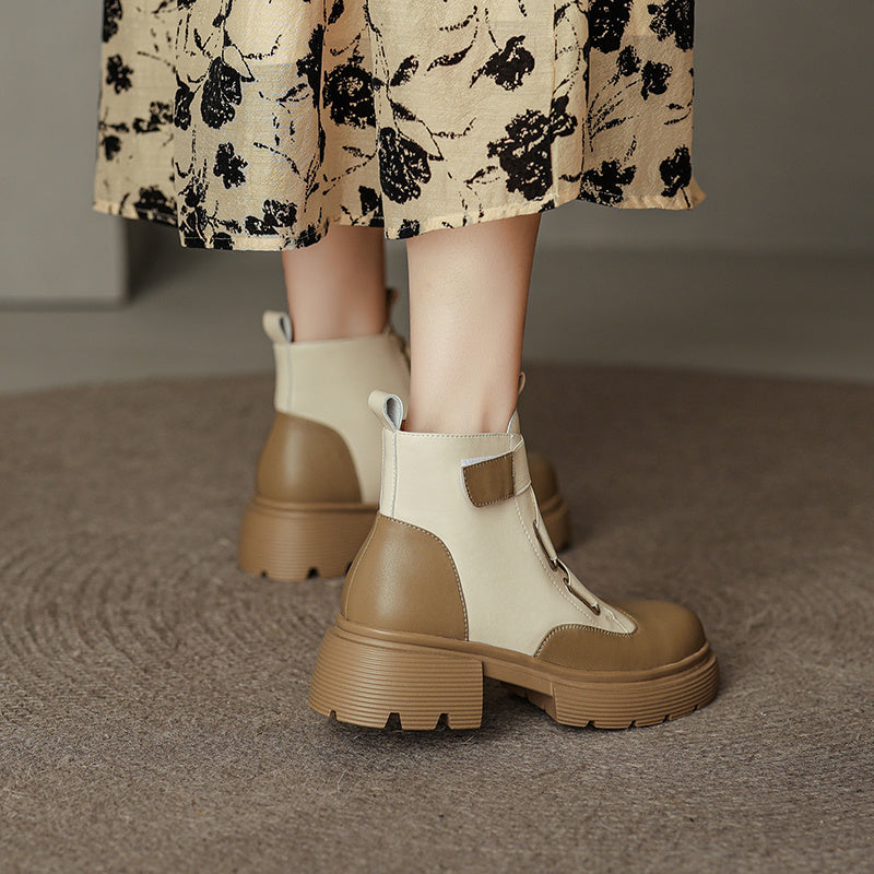 Women's French Retro Small Thick Sole Leather Martin Boots