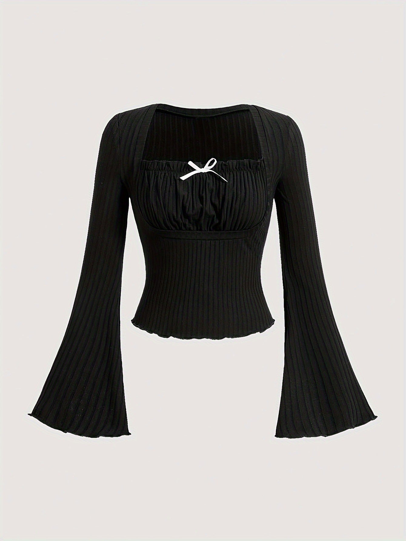 Solid Color Minimalist Bowknot Flare Sleeve T-shirt Slim Fit