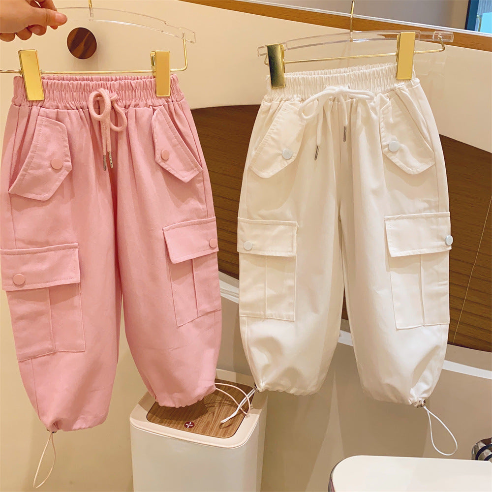 Girls' Pants Lace-up Large Pocket Loose Ankle-tied Wide Leisure Cargo Sweatpants