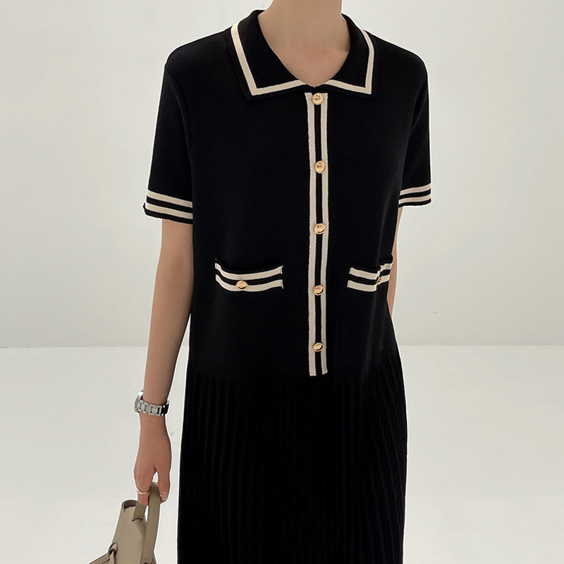 Knitted Dress In Heavy-duty Metal With Lapel Contrast Trim