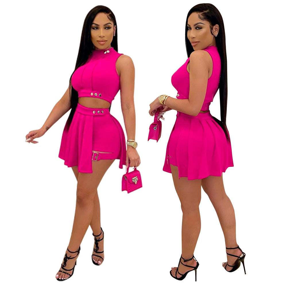Summer European And American Women's Clothing Sleeveless Clinch Decorative Short Culottes Two-piece Set